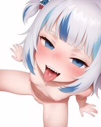 1girl absurdres ai-generated blue_eyes blue_hair blunt_bangs blush breasts completely_nude from_above gawr_gura hair_ornament highres hololive hololive_english loli looking_at_viewer medium_hair multicolored_hair navel nipples nude open_mouth pussy saliva shark_girl shark_hair_ornament sharp_teeth simple_background sitting small_breasts smile solo spread_legs streaked_hair teeth tongue tongue_out two_side_up virtual_youtuber white_background white_hair