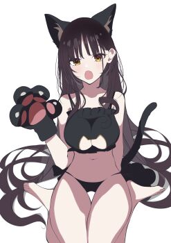 Rule 34 | 1girl, absurdres, alternate costume, animal ear fluff, animal ears, animal hands, arm behind back, barefoot, black panties, breasts, brown hair, cafe stella to shinigami no chou, cat ears, cat lingerie, cat tail, cleavage, cleavage cutout, clothing cutout, collarbone, commentary request, eyelashes, eyes visible through hair, fake animal ears, fake tail, fangs, gloves, hair behind ear, hair between eyes, hair spread out, hand up, highres, knees out of frame, large breasts, long hair, looking at viewer, mole, mole under eye, navel, open mouth, panties, paw gloves, shiki natsume, sidelocks, simple background, sitting, skin fangs, solo, tail, tanizaki1027, thigh gap, thighs, toes, underwear, very long hair, wariza, white background, yellow eyes