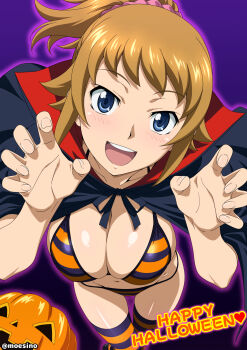 1girl :d absurdres alternate_costume bikini black_bikini black_cape black_thighhighs blue_eyes breasts brown_hair cape claw_pose cleavage collarbone commentary_request groin gundam gundam_build_fighters gundam_build_fighters_try hair_ornament hair_scrunchie halloween halloween_costume happy_halloween highres hoshino_fumina jack-o&#039;-lantern large_breasts looking_at_viewer medium_hair moeshino multicolored_bikini navel open_mouth orange_bikini orange_thighhighs paid_reward_available pink_scrunchie ponytail purple_background scrunchie sidelocks simple_background skindentation smile solo standing standing_on_one_leg stomach striped_bikini striped_clothes striped_thighhighs swimsuit teeth thighhighs twitter_username two-tone_bikini upper_teeth_only