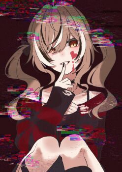 1girl absurdres ahoge black_choker black_hair black_sweater blood blood_on_face brown_eyes brown_hair choker collar emo_fashion finger_to_mouth hair_between_eyes hair_over_one_eye highres hololive hololive_english knee_strap long_hair long_sleeves looking_at_viewer mizuhasi multicolored_hair nail_polish nanashi_mumei nanashi_mumei_(emo) off-shoulder_shirt off_shoulder official_alternate_costume official_alternate_hairstyle red_nails red_sweater shirt shushing sleeves_past_wrists smile solo static streaked_hair striped_clothes striped_sweater sweater torn_clothes torn_sweater twintails virtual_youtuber white_hair yandere
