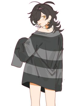 1boy 2uuxies black_hair blush bottomless commentary english_commentary from_behind grey_shirt hair_over_one_eye highres long_sleeves male_focus medium_hair original shirt short_hair simple_background solo tongue tongue_out white_background