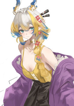 1girl absurdres aqua_eyes arknights black_skirt blonde_hair blue_hair dragon_girl dragon_horns flower hair_flower hair_ornament hair_stick highres horns jacket jewelry looking_at_viewer multicolored_hair necklace off_shoulder pointy_ears purple_jacket remapack77 shu_(arknights) simple_background skirt solo streaked_hair white_background white_hair