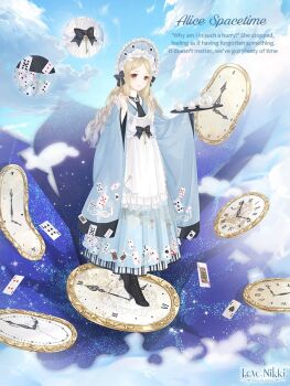 1girl ace_(playing_card) ace_of_spades alice&#039;s_adventures_in_wonderland alice&#039;s_time_gate_(miracle_nikki) alice_(alice_in_wonderland) alice_(alice_in_wonderland)_(cosplay) apron artist_request black_boots black_bow blonde_hair blue_bonnet blue_dress blue_sky bonnet boots bow brown_eyes card character_name clock close-up closed_mouth cloud collared_shirt copyright_name cosplay cup day dot_nose dress english_text floating_card frilled_apron frilled_headwear frills full_body hair_bow happy high_collar high_heel_boots high_heels holding holding_tray king_(playing_card) king_of_hearts_(playing_card) light_blush light_particles logo lolita_fashion long_dress long_hair long_sleeves looking_at_viewer miracle_nikki nikki_(series) official_art outdoors playing_card playing_card_print pleated_dress saucer shirt shirt_under_dress sidelocks sky smile solo spade_(shape) standing teacup teapot tray very_long_hair wavy_hair white_apron white_shirt wide_sleeves