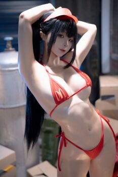 Rule 34 | 1girl, armpits, arms up, asian, bikini, black hair, breasts, brown eyes, chinese (nationality), chunmomo0127, contrapposto, hat, highres, indoors, long hair, looking at viewer, mcdonald's, medium breasts, navel, photo (medium), real life, red bikini, standing, stomach, swimsuit, thighs