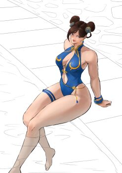 1girl alternate_costume arm_support barefoot belt blue_one-piece_swimsuit bracelet breasts brown_hair capcom center_opening chun-li collarbone commentary curvy double_bun earrings english_commentary hair_bun highleg highleg_one-piece_swimsuit highres jewelry looking_at_viewer official_alternate_costume one-piece_swimsuit pichiuzzz poolside sitting street_fighter street_fighter_6 swimsuit thigh_belt thigh_strap unfinished wide_hips