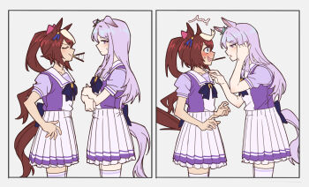2girls absurdres animal_ears blue_bow blue_bowtie blue_eyes bow bowtie brown_hair crossed_arms dumd ear_bow ear_ornament ears_down food food_in_mouth green_bow highres horse_ears horse_girl horse_tail long_hair mejiro_mcqueen_(umamusume) multicolored_hair multiple_girls pleated_skirt pocky pocky_day pocky_in_mouth ponytail puffy_short_sleeves puffy_sleeves purple_eyes purple_hair purple_shirt school_uniform shirt short_sleeves skirt streaked_hair summer_uniform tail thighhighs tokai_teio_(umamusume) tracen_school_uniform umamusume white_background white_skirt white_thighhighs yuri