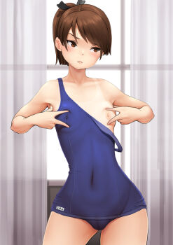 1girl blue_one-piece_swimsuit brown_eyes brown_hair cameltoe commentary_request covered_erect_nipples covered_navel curtains double_v facing_viewer flat_chest kantai_collection kasu_(kasunohikari) looking_to_the_side nipples old_school_swimsuit one-piece_swimsuit one-piece_tan ponytail school_swimsuit school_uniform shikinami_(kancolle) short_hair sideways_glance solo spread_nipples standing swimsuit tan tanline v window