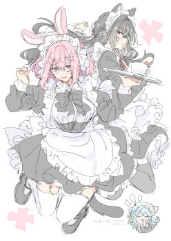 3girls amaori_renako animal_ears black_dress black_hair blue_hair blush cat_ears commentary dress fake_animal_ears garter_straps hair_ornament hairclip highres holding holding_tray koto_satsuki koyanagi_kaho long_hair long_sleeves maid medium_hair multiple_girls open_mouth parallel_hairclips pink_hair purple_eyes rabbit_ears red_eyes sidelocks symbol-only_commentary takeshima_eku thighhighs translation_request tray watashi_ga_koibito_ni_nareru_wake_naijan_murimuri! white_thighhighs