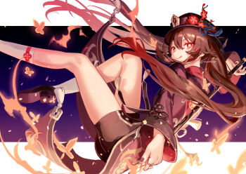 1girl black_nails black_shoes brown_hair brown_shirt brown_shorts bug butterfly closed_mouth fire flower flower-shaped_pupils genshin_impact hair_between_eyes hat_ornament highres holding holding_polearm holding_weapon hu_tao_(genshin_impact) insect jewelry long_hair long_sleeves looking_at_viewer nomuraumu polearm red_eyes red_flower ring shirt shoes shorts smile socks solo symbol-shaped_pupils tailcoat thighs tongue tongue_out twintails very_long_hair weapon white_socks