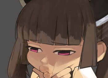 1girl blunt_bangs brown_hair close-up closed_mouth commentary_request grey_background half-closed_eyes hand_on_own_chin headgear kurokoge013 lips o3o purple_eyes short_hair simple_background solo thinking touhoku_kiritan voiceroid