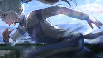 1girl absurdres advarcher animal_ears blue_eyes blue_sky closed_mouth day from_side grey_hair grey_tail highres horse_ears horse_girl horse_tail jacket kasamatsu_tracen_training_uniform long_hair long_sleeves multicolored_jacket oguri_cap_(umamusume) outdoors pants ponytail purple_jacket purple_pants purple_track_suit running sky solo tail track_jacket track_pants track_suit two-tone_jacket umamusume umamusume:_cinderella_gray