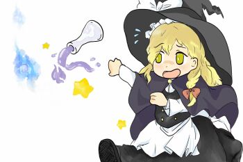 1girl apron black_hat black_shoes black_skirt black_vest blonde_hair blue_cape bow braid buttons cape chinese_commentary chotokkyu_mizuko commentary flask flying_sweatdrops frilled_hat frills hair_bow hat hat_bow highres kirisame_marisa long_hair long_sleeves mixed-language_commentary potion red_bow round-bottom_flask shirt shoes single_braid skirt solo spilling touhou vest waist_apron white_apron white_background white_bow white_shirt witch_hat yellow_eyes