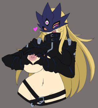 1girl :d absurdres beelstarmon belt belt_buckle black_gloves black_jacket blonde_hair breasts buckle clothes_lift cropped_jacket digimon digimon_(creature) doce fang female_focus gloves grey_background heart heart_hands highres jacket jacket_lift large_breasts long_hair looking_at_viewer mask navel nipples one_breast_out one_eye_closed open_mouth pink_eyes simple_background skin_fang smile solo third_eye upper_body wink