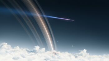 above_clouds cloud commentary english_commentary grey_sky highres meteor multiple_moons no_humans original outdoors planetary_ring scenery science_fiction sky the_protagonists_(protagonist2114)