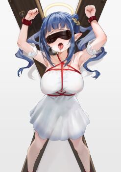 1girl absurdres armpits bdsm blindfold blue_hair bondage bondage_cuffs bound breasts breath dizzy_dokuro double_bun dress edamame_(edamame55) gag hair_bun halo highres large_breasts laurels long_hair open_mouth phase_connect pointy_ears restrained second-party_source shadow shibari solo teeth tongue upper_teeth_only virtual_youtuber white_dress x-cross_(bdsm)