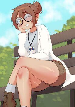 1girl absurdres bench blush brown_eyes brown_hair commentary commission commissioner_upload crossed_legs english_commentary glasses hair_bun hand_on_own_face highres id_card lab_coat looking_at_viewer morgan_(teuthidan) one_eye_closed original park_bench short_hair shorts single_hair_bun sitting smile twibli1