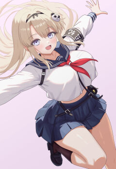 1girl absurdres armband black_shoes blonde_hair blue_eyes blue_sailor_collar blue_skirt breasts brown_socks chaos_zero_nightmare crop_top crop_top_overhang hairband haru_(chaos_zero_nightmare) highres konjou large_breasts loafers long_hair long_sleeves looking_at_viewer midriff miniskirt neckerchief open_mouth outstretched_arms pleated_skirt red_neckerchief sailor_collar school_uniform serafuku shirt shoes skirt smile socks solo thighs white_shirt