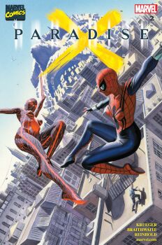 2002 2girls absurdres alex_ross animal_print artist_name blue_bodysuit bodysuit cityscape comic_cover commentary company_logo dynamic_pose english_commentary english_text highres marvel mayday_parker multicolored_bodysuit multiple_girls official_art print_bodysuit realistic red_bodysuit spider-girl spider-man_(series) spider_print spider_web_print superhero_costume symbiote title two-tone_bodysuit venom_(marvel)