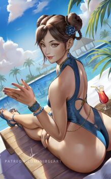 1girl alternate_costume ass back_cutout beach_chair belly_chain blue_nails blue_one-piece_swimsuit bracelet braid braided_hair_rings brown_eyes brown_hair capcom chun-li clothing_cutout cloud crossed_legs curvy double_bun earrings flower hair_bun hair_flower hair_ornament hair_rings highleg highleg_one-piece_swimsuit highres jewelry multiple_bracelets nibelart official_alternate_costume official_alternate_hairstyle one-piece_swimsuit palm_tree pool poolside sandals sitting smile solo street_fighter street_fighter_6 swimsuit thighs thong_one-piece_swimsuit tree water wide_hips