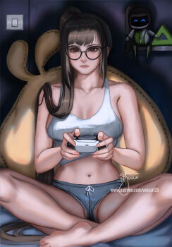 1girl astro_bot_(series) barefoot black-framed_eyewear black_hair blunt_bangs breasts brown_eyes closed_mouth controller eve_(stellar_blade) expressionless feet fingernails game_controller glasses hair_over_shoulder holding holding_controller indian_style long_hair medium_breasts no_panties panties panties_under_shorts partially_visible_vulva patreon_username pink_nails playstation_controller ponytail robot shirt short_shorts shorts signature sitting solo stellar_blade stomach thighs toes underwear very_long_hair watermark wei_(promise_0820) white_shirt