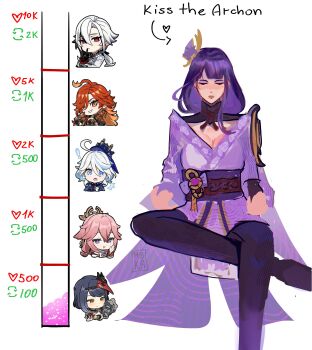 Rule 34 | 6+girls, absurdres, ahoge, animal ears, arlecchino (genshin impact), black eyes, black hair, black pantyhose, black streaks, blue eyes, blue hair, blue hat, breasts, cleavage, closed eyes, closed mouth, commentary, english commentary, fox ears, furina (genshin impact), genshin impact, hat, highres, japanese clothes, kimono, kiss meter (meme), kujou sara, long hair, mask, mask on head, mavuika (genshin impact), meditation, meme, multiple girls, pantyhose, pink hair, purple eyes, purple kimono, raiden shogun, red eyes, red hair, red pupils, simple background, smile, white background, white hair, yae miko, yellow eyes, yeysoup