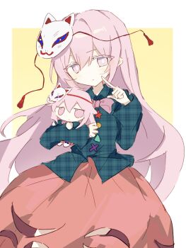 Rule 34 | 1girl, :<, absurdres, blush, commentary, english commentary, expressionless, finger to cheek, fox mask, fumo (doll), green shirt, hair between eyes, hata no kokoro, highres, holding, holding stuffed toy, long hair, long sleeves, looking at viewer, mask, mask on head, orange skirt, pink eyes, pink hair, plaid clothes, plaid shirt, shirt, skirt, solo, stuffed animal, stuffed toy, touhou, very long hair, wusem0108