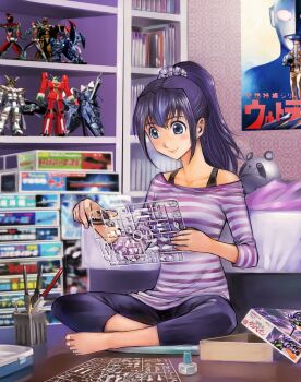 1980s_(style) barefoot bed bedroom blanket blue_eyes blue_hair blush book bookshelf box character_request crossover densetsu_kyojin_ideon doll feet file glue gundam haro highres kamen_rider kamen_rider_1 kamen_rider_2 long_hair macross mecha metalgreymon_(digimon_xros_wars) model model_kit oldschool on_floor original panda pants ponytail poster_(object) retro_artstyle robot saw seisenshi_dunbine shirt smile striped_clothes striped_shirt super_sentai toes tools uchuu_senkan_yamato ultra_series ultraman ultraman_zero yamato yusao zeku-zwei