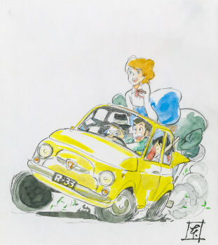 1girl 3boys arsene_lupin_iii artist_request bad_id bad_twitter_id blue_skirt car castle_of_cagliostro clarisse_de_cagliostro driving fiat_500 highres ishikawa_goemon_xiii jigen_daisuke lupin_iii motor_vehicle multiple_boys official_art open_mouth signature skirt smile standing unused_tire yellow_car