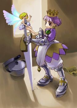 2girls archived_source arlia armor armored_boots atlus blonde_hair bloomers blunt_bangs boots braid brown_background chest_jewel closed_mouth commentary_request cooking_pot couter crown dress earrings english_text fairy fairy_wings frills frying_pan gauntlets gem gold_crown gradriel greatsword greaves green_gem hirai_yukio huge_weapon jewelry juliet_sleeves legs_apart long_sleeves multicolored_wings multiple_girls nape_braid pearl_earrings pointed_crown princess princess_crown puffy_sleeves purple_hair purple_skirt purple_sleeves ribbed_sleeves ribbed_sweater sabaton scroll shadow short_dress silver_armor simple_background skirt smile spiked_armor spiked_knuckles spikes standing strapless strapless_dress sweater sword turtleneck turtleneck_sweater two-tone_skirt underwear weapon white_bloomers white_dress window_light wings yellow_skirt