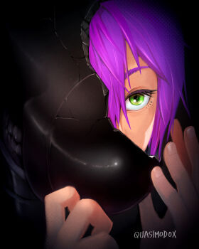 Rule 34 | 1girl, bomb devil (chainsaw man), broken helmet, chainsaw man, close-up, crack, cracked kawaii mask, green eyes, highres, one eye covered, portrait, purple hair, quasimodox, reze (chainsaw man), solo