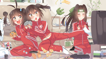 Rule 34 | 3girls, :d, admiral (kancolle), ahoge, alternate costume, blush, brown eyes, brown hair, closed eyes, clothes writing, commentary request, false smile, food, game console, glasses, hair between eyes, hair intakes, half updo, jintsuu (kancolle), kantai collection, long hair, long sleeves, mario (series), mario kart, mario kart 64, multiple girls, naka (kancolle), nintendo, nintendo 64, open mouth, pizza, sendai (kancolle), short hair, smile, tonarikeru, two side up