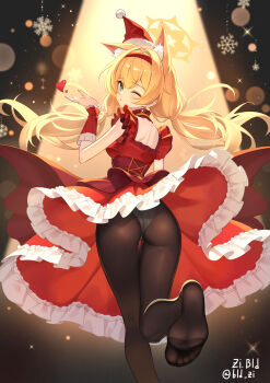1girl absurdres animal_ear_fluff animal_ears black_pantyhose bld_zi blonde_hair blue_archive blue_eyes cat_ears cat_girl christmas commentary_request feet halo hat highres korean_commentary long_hair looking_at_viewer looking_back mari_(blue_archive) one_eye_closed orange_hair panties panties_under_pantyhose pantyhose red_skirt santa_costume santa_hat skirt soles underwear white_panties yellow_halo