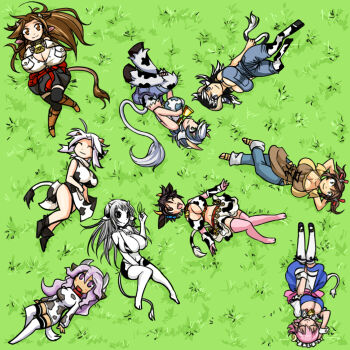 10s 6+girls :d ;d ^_^ animal_ears animal_print annotated annotation_request arms_behind_head bell black_eyes black_hair borrowed_character breasts brown_eyes brown_hair character_request cleavage closed_eyes collar copyright_request cow_ears cow_girl cow_print cow_tail cowbell crossover denim ego_trigger elfleda_mirjasdottir from_above graph_(graphiteknight) grass grey_horns headset holstaur_(monster_girl_encyclopedia) hooves horns huge_breasts idolmaster idolmaster_cinderella_girls jeans kumatanchi large_breasts light_purple_hair long_hair lotte_no_omocha! lying maid_headdress mattie_(ego_trigger) monster_girl monster_girl_encyclopedia monster_musume_no_iru_nichijou multiple_crossover multiple_girls neck_bell oikawa_shizuku on_back on_side one_eye_closed open_mouth original pants pink_hair pink_legwear purple_eyes short_hair skirt smile sukimi tail thighhighs trait_connection twintails ushi-oneesan white_hair white_legwear zettai_ryouiki
