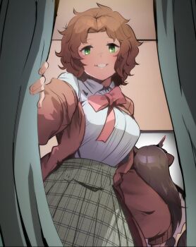 2girls animal_ears black_dragon_(kemono_friends) black_hair bow bowtie breasts brown_hair cardigan collared_shirt dragon_ears dragon_horns green_eyes green_skirt highres horns indoors kemono_friends kemono_friends_3 large_breasts long_hair long_sleeves looking_at_viewer medium_hair messy_hair multiple_girls open_cardigan open_clothes plaid_clothes plaid_skirt riri_(dgra3272) shirt shirt_tucked_in skirt sleeves_past_fingers sleeves_past_wrists sloth_(kemono_friends) smile solo_focus tented_shirt white_shirt wing_collar