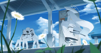 Rule 34 | 4girls, absurdres, blindfold, blue archive, blue sky, closed eyes, cloud, colored skin, commentary request, cup, daisy (flower), day, disposable cup, doumu (31678316), ein (blue archive), flower, hair over one eye, halo, hat, highres, holding, holding cup, large hat, leaning on person, long hair, long sleeves, malkuth (blue archive), mask, mechanical tail, multiple girls, ohr (blue archive), outdoors, partial commentary, respirator, siblings, sisters, sky, sleeping, sleeves past fingers, sleeves past wrists, sof (blue archive), tail, train station, train station platform, triplets, very long hair, white hair, white skin, yellow halo