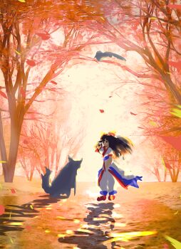 1girl ainu_clothes arm_behind_head ass black_hair breasts dargain_x forest hair_ribbon highres legs long_hair looking_at_viewer looking_back nakoruru nature pants parted_lips ribbon samurai_spirits shikuru small_breasts snk sunset the_king_of_fighters thighhighs thighs water wolf