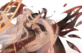 Rule 34 | 2girls, bare shoulders, black dress, colored extremities, commentary, dancing, dress, english commentary, eni (enidaisy69), feet out of frame, fingernails, genshin impact, hair between eyes, hair ornament, highres, holding hands, istaroth (genshin impact), long hair, looking at another, multiple girls, nose, parted lips, red eyes, red hands, ronova (genshin impact), sharp fingernails, sidelocks, simple background, smile, very long hair, white background, white dress, white hair