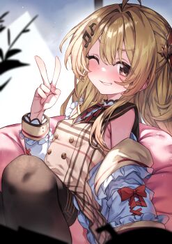 Rule 34 | 1girl, absurdres, ahoge, black thighhighs, blonde hair, blush, bow, brown dress, closed mouth, dress, fortissimo, hair bow, hair ornament, highres, hololive, hololive dev is, jacket, long hair, looking at viewer, musical note, musical note hair ornament, otonose kanade, otonose kanade (1st costume), red bow, red eyes, redcomet, smile, solo, thighhighs, v, very long hair, virtual youtuber, white jacket
