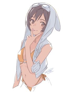 1girl bikini black_hair brown_eyes commentary_request decoponmagi final_fantasy final_fantasy_vii final_fantasy_vii:_ever_crisis goggles goggles_on_head hand_on_own_face highres hood hood_up hooded_vest hoodie navel official_alternate_costume open_fly orange_bikini side-tie_bikini_bottom simple_background smile solo stomach swimsuit tongue tongue_out upper_body vest yuffie_kisaragi yuffie_kisaragi_(summer_moogle)