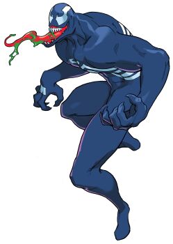 1990s_(style) 1998 1boy absurdres bengus capcom clawed_hands evil_smile game_cg highres hunched_over long_tongue male_focus marvel marvel_vs._capcom marvel_vs._capcom_1 muscular non-web_source official_art retro_artstyle sharp_teeth smile solo spider-man_(series) symbiote teeth tongue tongue_out venom_(marvel) western_comics_(style)