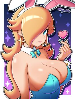 Rule 34 | 1girl, absurdres, alternate breast size (larger), alternate costume, animal ear hairband, animal ears, artist name, bare shoulders, blonde hair, blue bow, blue eyes, blue leotard, border, bow, breasts, cleavage, closed mouth, commentary, detached collar, earrings, english commentary, eyelashes, fake animal ears, finger heart, hair over one eye, hairband, heart, highres, jewelry, large breasts, leotard, mario (series), nintendo, nyazuliart, outside border, playboy bunny, rabbit ear hairband, rabbit ears, rosalina, simple background, smile, solo, star (symbol), star earrings, twitter username, upper body, white border, wrist cuffs