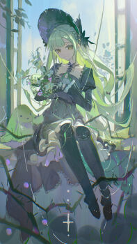 1girl absurdres akari_(1228408193) animal_ears arknights bang_dream! bang_dream!_it&#039;s_mygo!!!!! black_bonnet black_boots black_dress black_gloves bonnet boots closed_mouth commentary_request doll_joints dress expressionless floppy_ears flower full_body gloves gothic_lolita green_hair hair_ornament highres holding holding_flower joints lolita_fashion long_hair long_sleeves looking_at_viewer outdoors plant puppet_strings rabbit_ears rabbit_girl sidelocks sitting solo stuffed_animal stuffed_rabbit stuffed_toy thorns vines wakaba_mutsumi wakaba_mutsumi_(marionette&#039;s_id) x_hair_ornament yellow_eyes