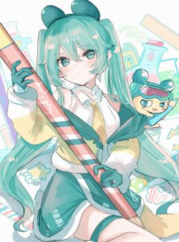 1girl 1other animal_ears asagimu_(tsuktsuk) asymmetrical_legwear closed_mouth coat copyright_request dot_mouth dot_nose erlenmeyer_flask fake_animal_ears flask fur-trimmed_skirt fur_trim gloves green_eyes green_gloves green_hair green_skirt hair_between_eyes hair_ornament hatsune_miku highres holding holding_pencil light_blush long_sleeves looking_at_viewer necktie open_clothes open_coat pencil puffy_sleeves ruler shirt sidelocks sitting skirt sleeveless sleeveless_shirt solo_focus star_(symbol) thigh_strap twintails vial vocaloid wariza white_shirt yellow_coat yellow_necktie