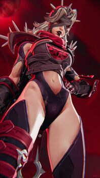 1girl 3d bandaged_head bandages clothing_cutout fantastic_four from_below grey_hair hand_on_own_hip highres keu3d looking_at_viewer malice_(sue_storm) marvel marvel_rivals navel navel_cutout official_alternate_costume red_eyes solo spikes sue_storm