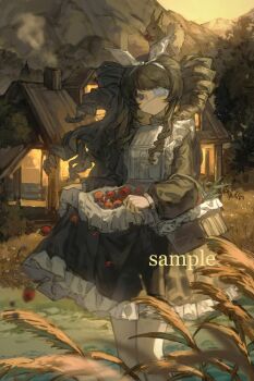 1girl animal animal_on_head basket blunt_bangs brown_hair closed_mouth cowboy_shot dress drill_hair expressionless eyelashes eyepatch food frills fruit gongye_feishui hairband highres house long_hair long_sleeves looking_at_viewer medical_eyepatch mountain on_head original outdoors purple_eyes reeds sample_watermark sidelocks solo squirrel standing strawberry sunset watermark white_hairband wind