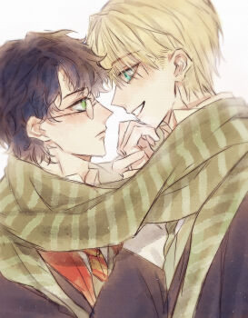 2boys black_hair blonde_hair blue_eyes closed_mouth collar draco_malfoy eyebrows_hidden_by_hair eyelashes face-to-face glasses green_eyes hand_on_another's_chin hand_on_another's_face hand_on_another's_hand harry_potter harry_potter_(series) height_difference kakiko_(15626244) male_focus messy_hair multiple_boys necktie parted_lips profile scar scar_on_face scar_on_forehead scarf simple_background smile striped_clothes striped_necktie striped_scarf teeth white_background wing_collar wizarding_world yaoi