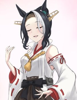 1girl animal_ears closed_eyes cosplay detached_sleeves highres horse_ears horse_girl ichimai_(apieceof_ray151) kantai_collection kongou_(kancolle) kongou_(kancolle)_(cosplay) mejiro_ramonu_(umamusume) mole mole_under_eye smile solo striped_hair touyama_nao translated umamusume voice_actor_connection wide_sleeves