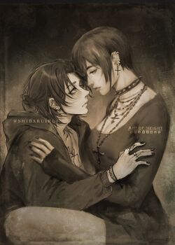 1boy 1girl art_of_neight artist_collaboration bead_bracelet beads black_jacket black_nails black_skirt blush bracelet breasts choker cleavage closed_mouth commentary couple cross cross_earrings cross_necklace earrings english_commentary eren_yeager grey_shirt hair_between_eyes hair_bun half_updo hetero highres hood hood_down hooded_jacket jacket jewelry looking_at_another medium_breasts medium_hair mikasa_ackerman multiple_necklaces multiple_rings nail_polish necklace parted_lips ring sepia shibaruirui shingeki_no_kyojin shirt short_hair skirt sleeves_past_wrists spiked_choker spikes twitter_username upper_body