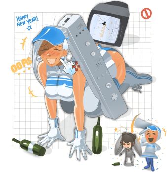 &gt;_&lt; +++ 2girls ^_^ alcohol all_fours anger_vein bare_shoulders blue_hat blue_panties blush bottle breasts broken_screen broken_tv chibi chibi_inset chzzei closed_eyes confetti controller crt dark-skinned_female dark_skin disembodied_hand drunk earrings english_text furrowed_brow game_console game_controller gloves grey_hair grid happy_new_year hat highres jewelry large_breasts mii_(nintendo) miniskirt multiple_girls new_year nintendo open_mouth original oversized_object panties personification playstation_1 ponytail shoes skirt sleeveless sphere_earrings sweat television underwear visor_cap white_gloves white_shoes white_skirt wii wii_remote wine_bottle