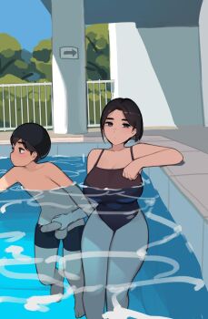 1boy 1girl age_difference akiyama_minato_(pepper0) akiyama_yuko_(pepper0) barefoot black_hair black_one-piece_swimsuit black_shorts blue_eyes breasts brown_hair cloud day exhibitionism handjob hetero highleg highleg_one-piece_swimsuit highres incest large_breasts mother_and_son nude one-piece_swimsuit original outdoors partially_submerged penis pepper0 pool public_indecency railing short_hair shorts shota sitting sky stealth_handjob stealth_sex swim_cap swimsuit topless_male tree
